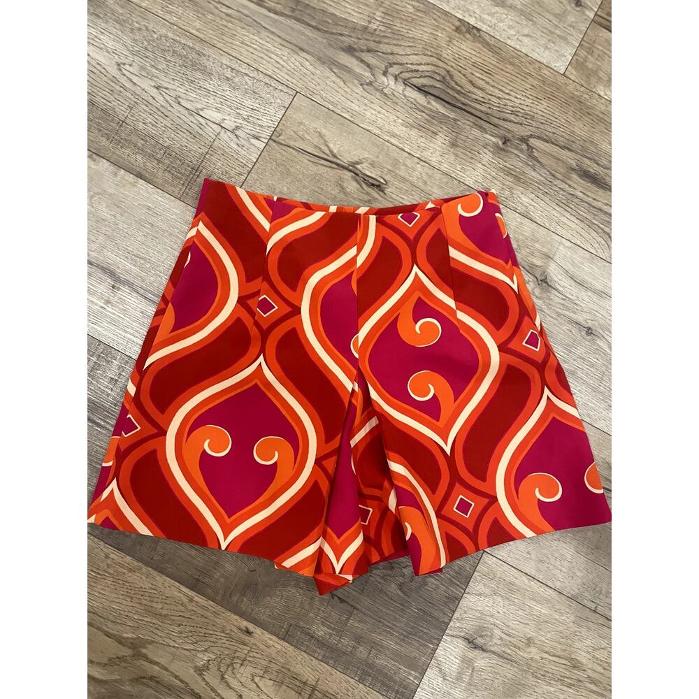 ZARA Hot Pink FuchsiaOrange Geometric Printed High Waisted Pleated Shorts Size S - Picture 9 of 9